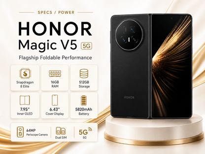 Honor Magic V5  Black foldable smartphone with rear cameras and front display, both visible