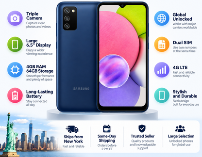 Samsung Galaxy A03S Blue smartphone with large screen and triple rear camera module