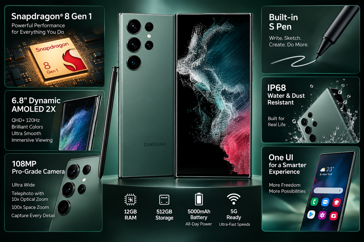 Samsung Galaxy S22 Ultra Green smartphone with S Pen, triple rear cameras, and 108MP pro-grade camera