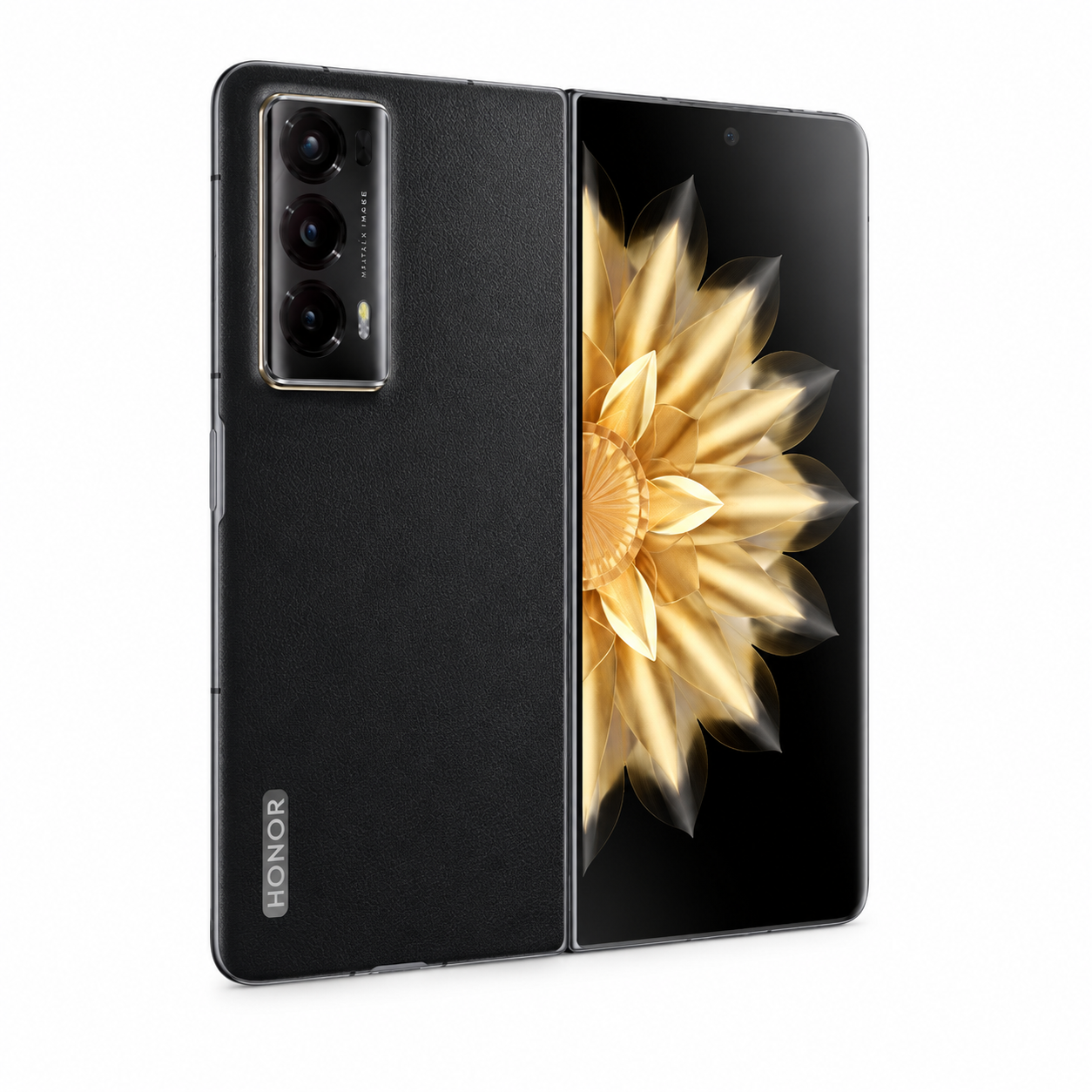 Black foldable smartphone showing rear cameras and unfolded display with gold flower wallpaper.