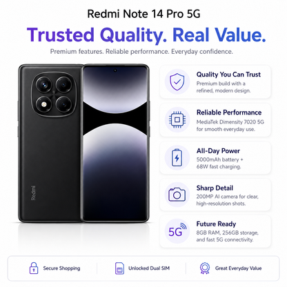 Xiaomi Redmi Note 14 Pro 5G 256GB ROM 8GB RAM Dual SIM GSM Unlocked - Midnight Black