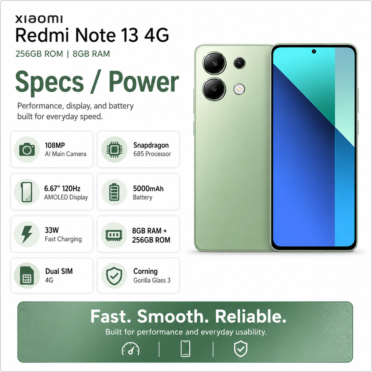 Xiaomi Redmi Note 13 4G 256GB ROM 8GB RAM Dual SIM GSM Unlocked - Mint Green