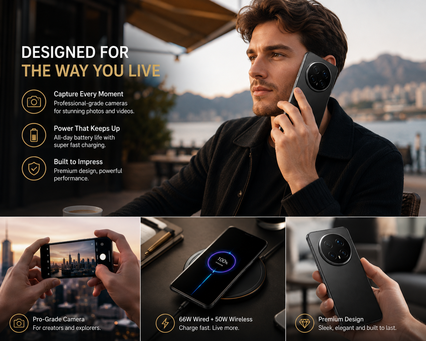 Honor Magic8 Pro 5G  Black smartphone held to a man’s ear, with visible triple camera on the back.