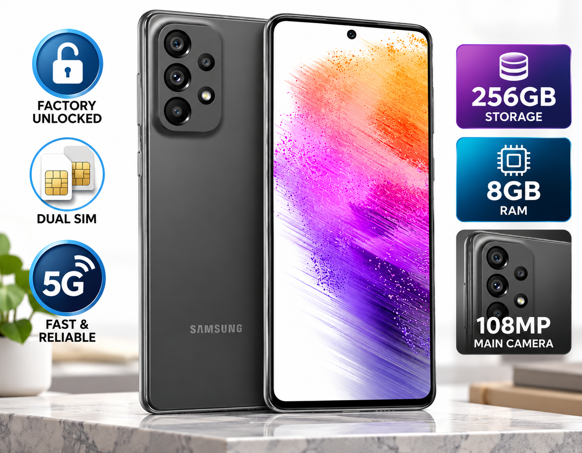 Samsung Galaxy A73 5G  Dual-view grey smartphone with back camera array and front screen turned on.
