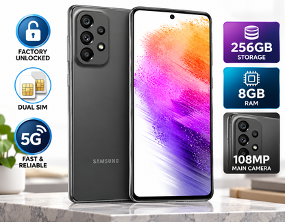 Samsung Galaxy A73 5G  Dual-view grey smartphone with back camera array and front screen turned on.