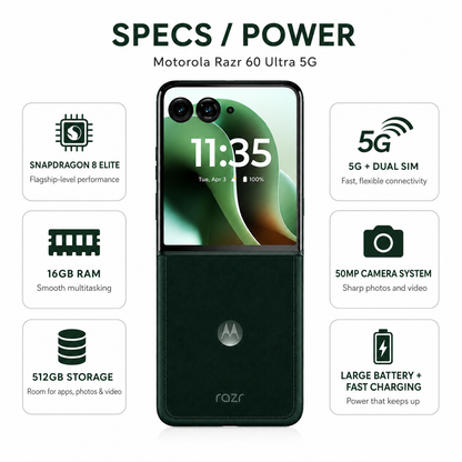 Motorola Razr 60 Ultra 5G foldable smartphone with green top display and dark back