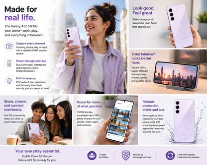 Samsung Galaxy A35 5G Lilac smartphone in hand with people and feature callouts on screen