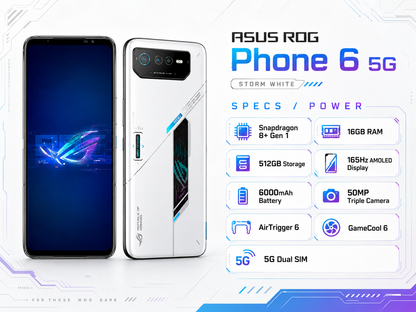 Asus ROG Phone 6 Gaming smartphone with white rear and black front, side and camera module visible