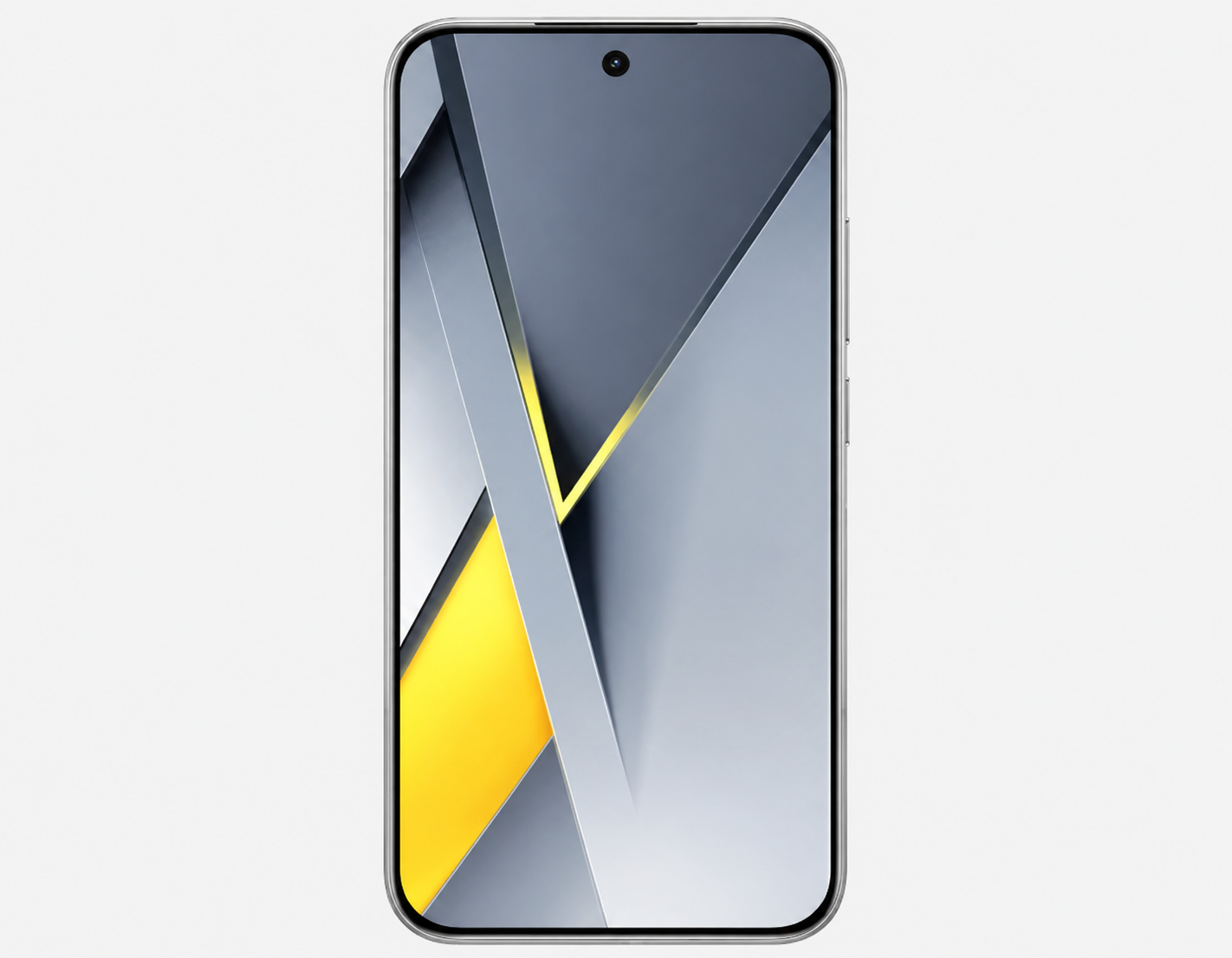 Blue Poco F8 Pro smartphone front with V-shaped wallpaper on screen
