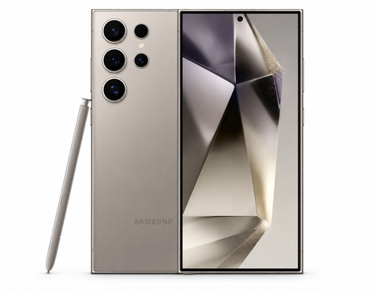 Samsung Galaxy S24 Ultra Titanium grey unlocked 5G smartphone with back and front view, stylus alongside