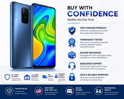 Xiaomi Redmi Note 9 Midnight grey smartphone showing back and front with curved blue display