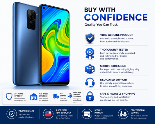 Xiaomi Redmi Note 9 Midnight grey smartphone showing back and front with curved blue display