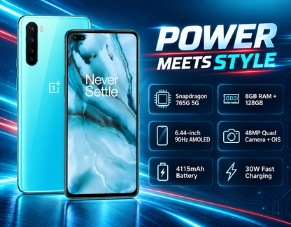 OnePlus Nord 5G smartphone with blue marble back and front display, rear camera
