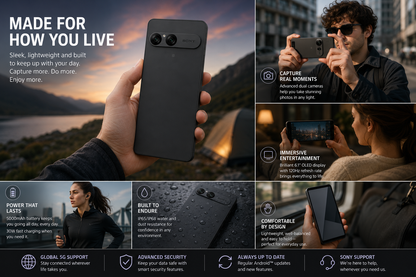 Sony Xperia 10 VII lifestyle and features graphic with phone in hand