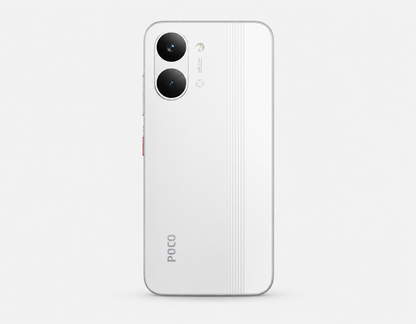 Xiaomi Poco X8 PRO MAX 5G White POCO smartphone back view with dual rear cameras and vertical design lines
