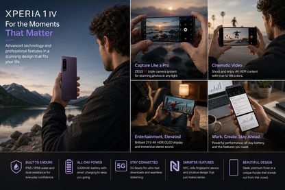 Purple Sony Xperia 1 IV smartphone held by person, screen visible