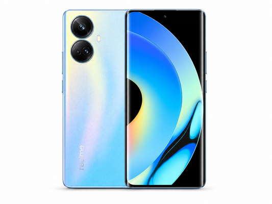 Realme 10 Pro+ 5G Blue smartphone showing back and front with dual rear cameras and curved display