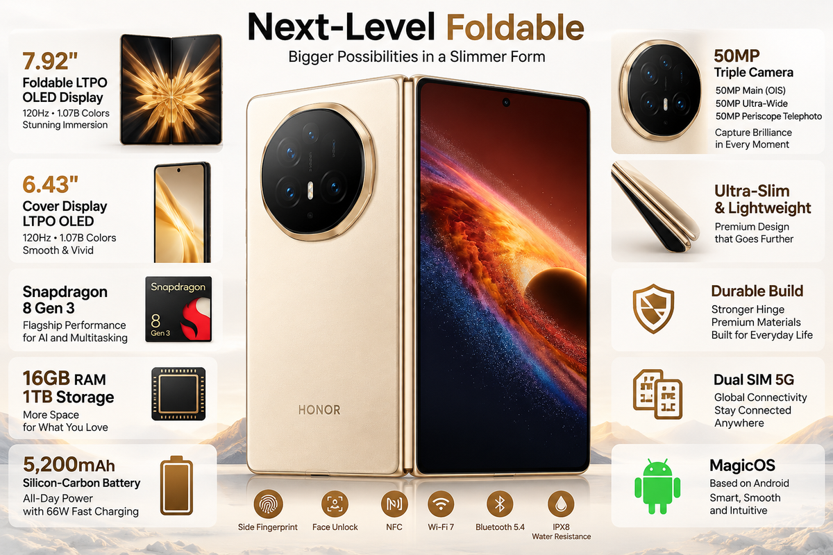 Honor Magic V6 foldable smartphone on marketing card, open and closed phone views
