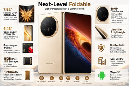 Honor Magic V6 foldable smartphone on marketing card, open and closed phone views