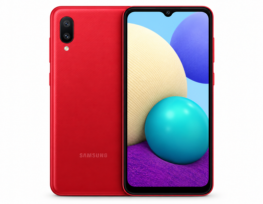 Samsung Galaxy A02 Red smartphone front and back views, front display and rear camera visible