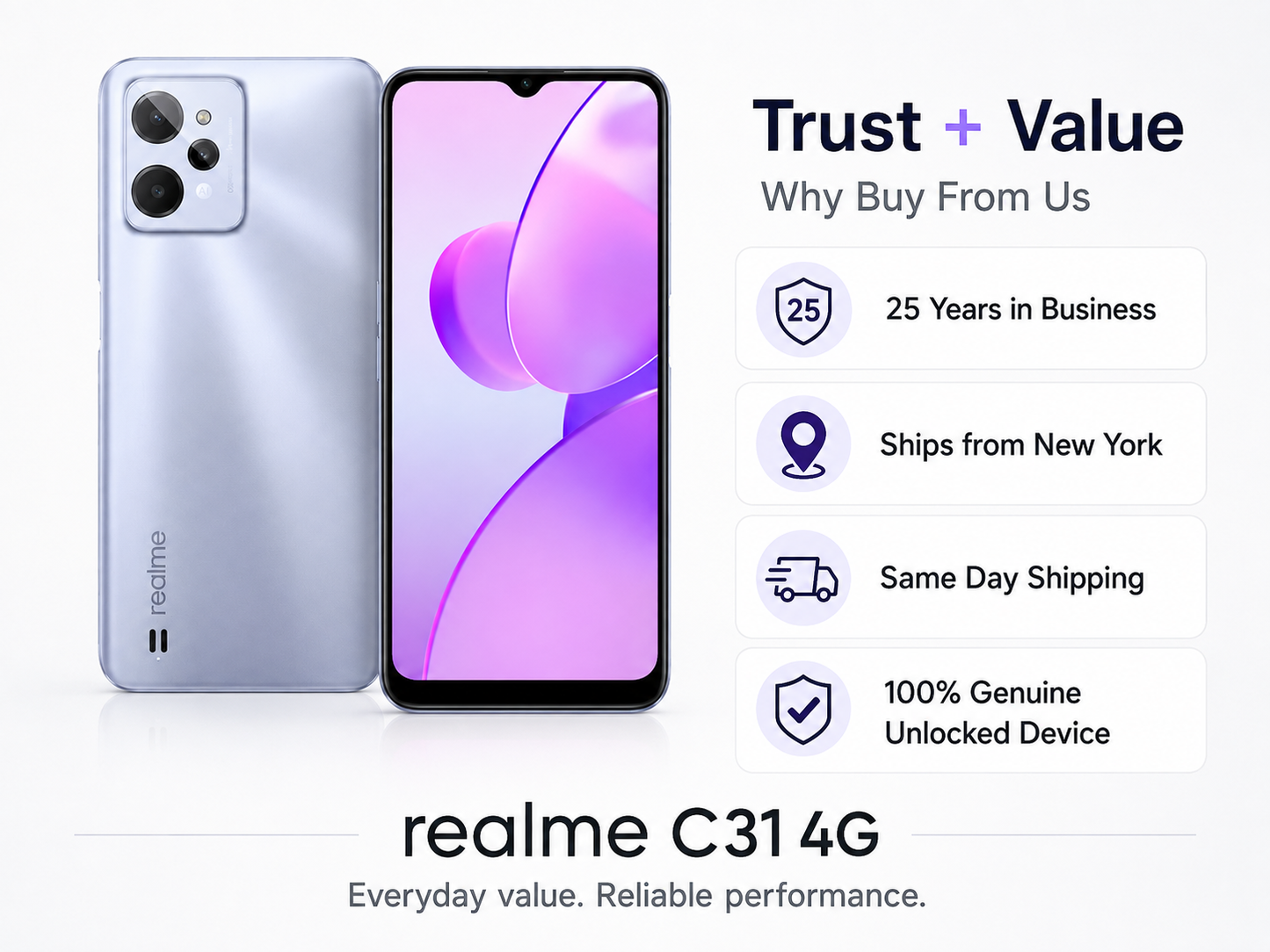 Light silver realme C31 4G smartphone front and back view, dual rear camera.