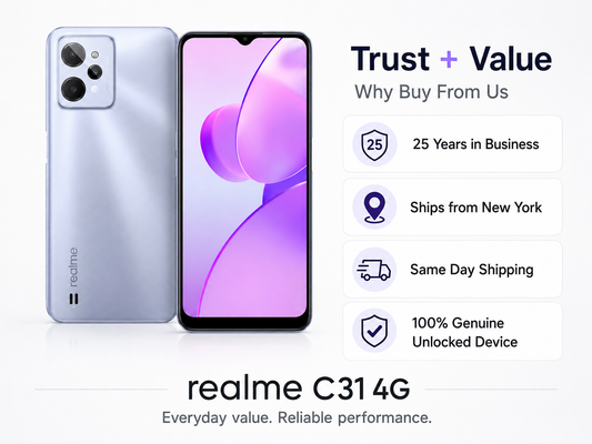 Light silver realme C31 4G smartphone front and back view, dual rear camera.