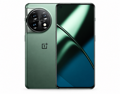 ONEPLUS 11 5G Green smartphone showing front screen and rear triple-camera module.