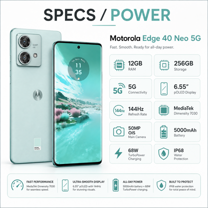 Mint green Motorola smartphone front and back with punch-hole camera and pOLED screen