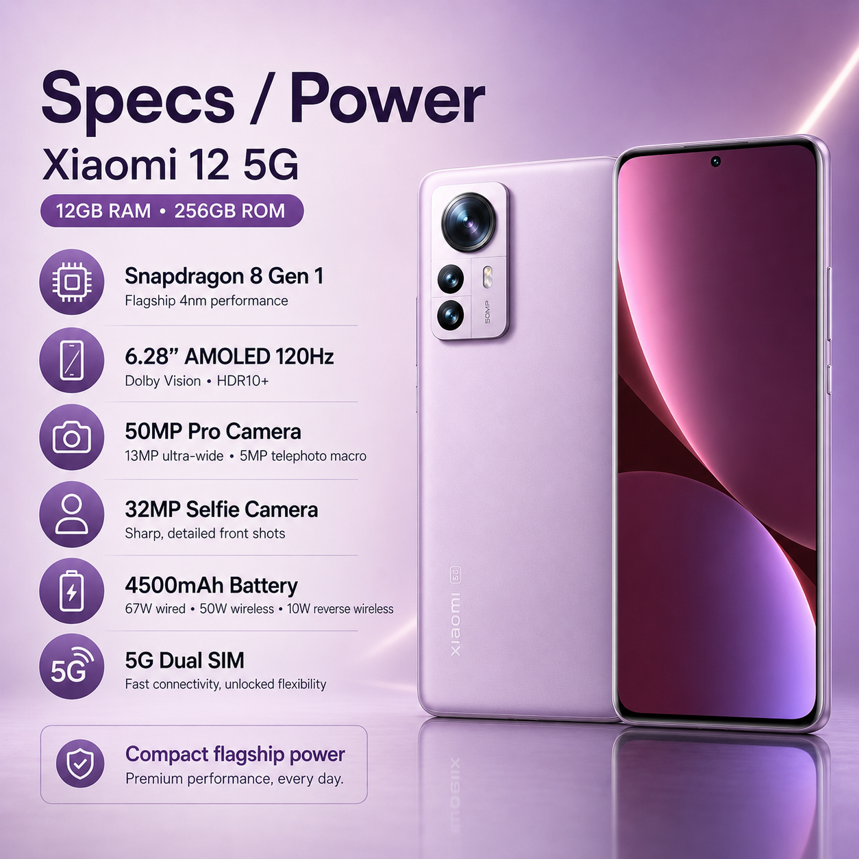 Xiaomi 12 5G Dual SIM 256GB ROM 12GB RAM GSM Unlocked - Purple