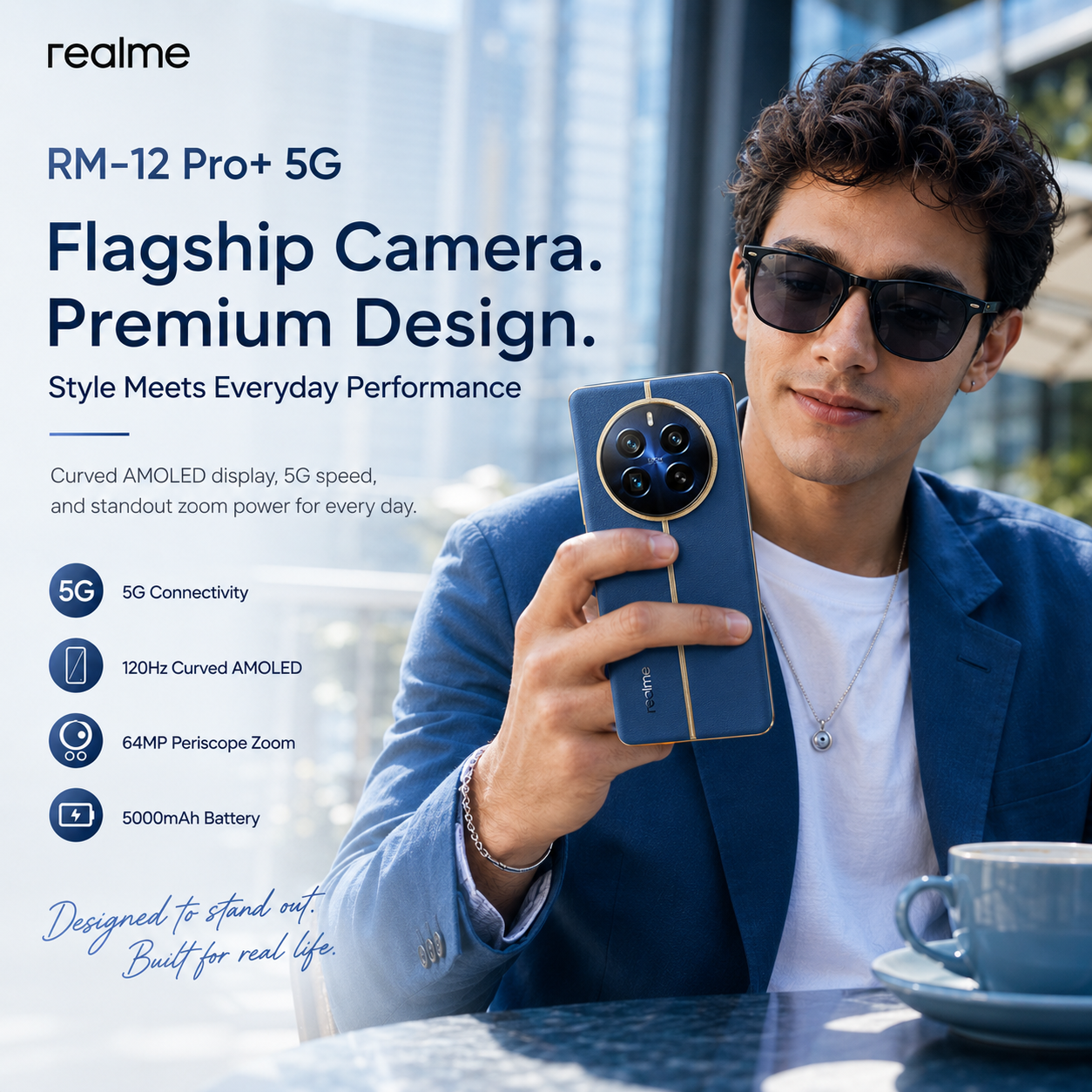 realme 12 Pro+ 5G smartphone in blue, held in hand with curved front screen