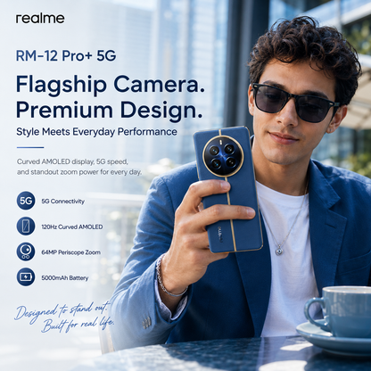 realme 12 Pro+ 5G smartphone in blue, held in hand with curved front screen
