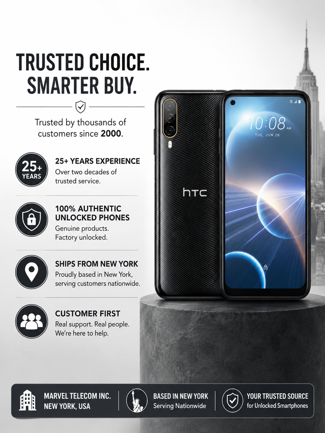 HTC Desire 22 Pro 5G phone, black, front display lit and rear panel visible