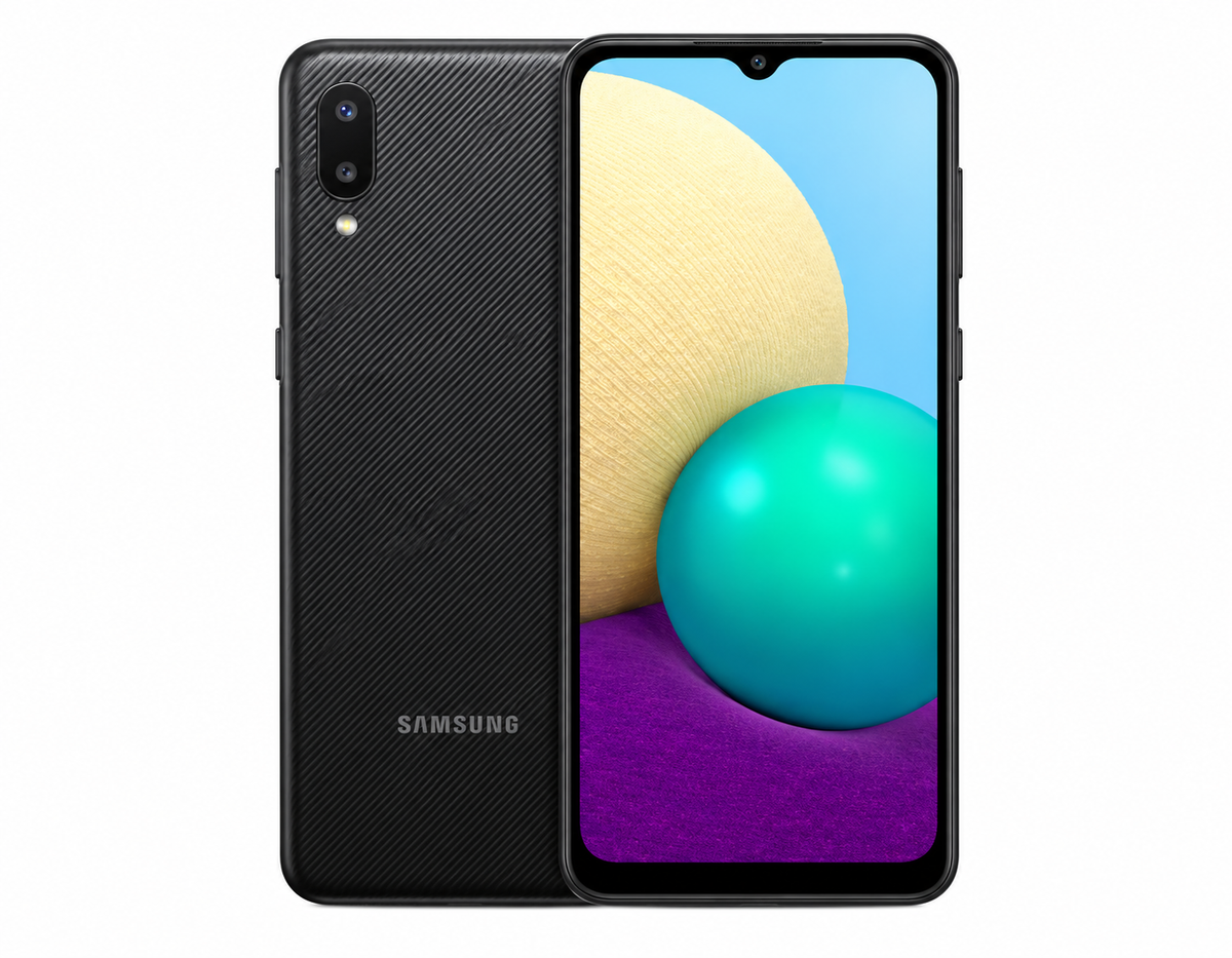 Black Samsung Galaxy A02 dual-SIM smartphone with textured back and front display