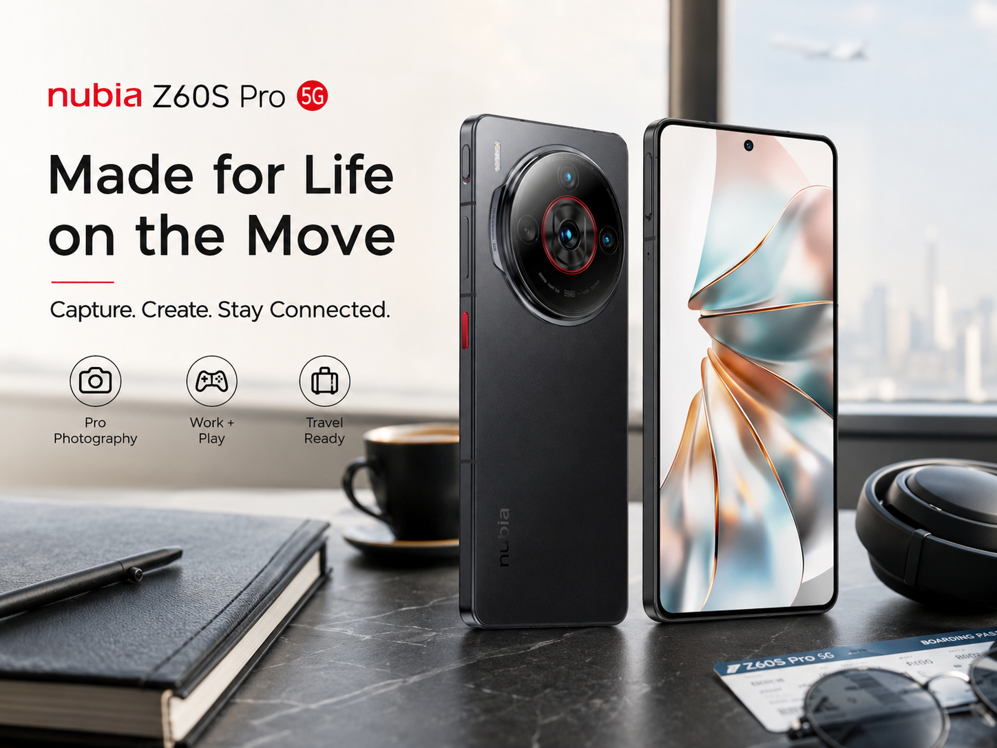 Black Nubia smartphone showing front display and rear dual cameras, standing upright