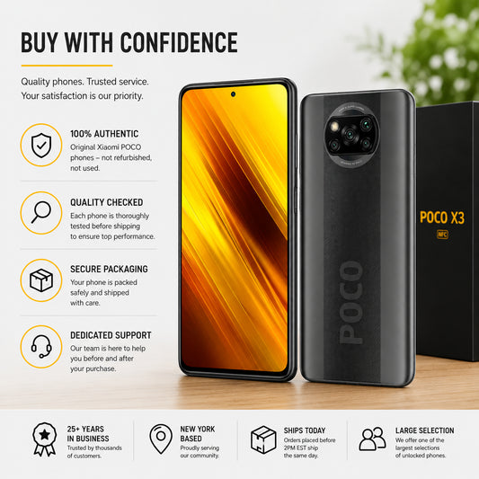 Shadow grey POCO X3 NFC phone showing front, back cameras, and side profile.