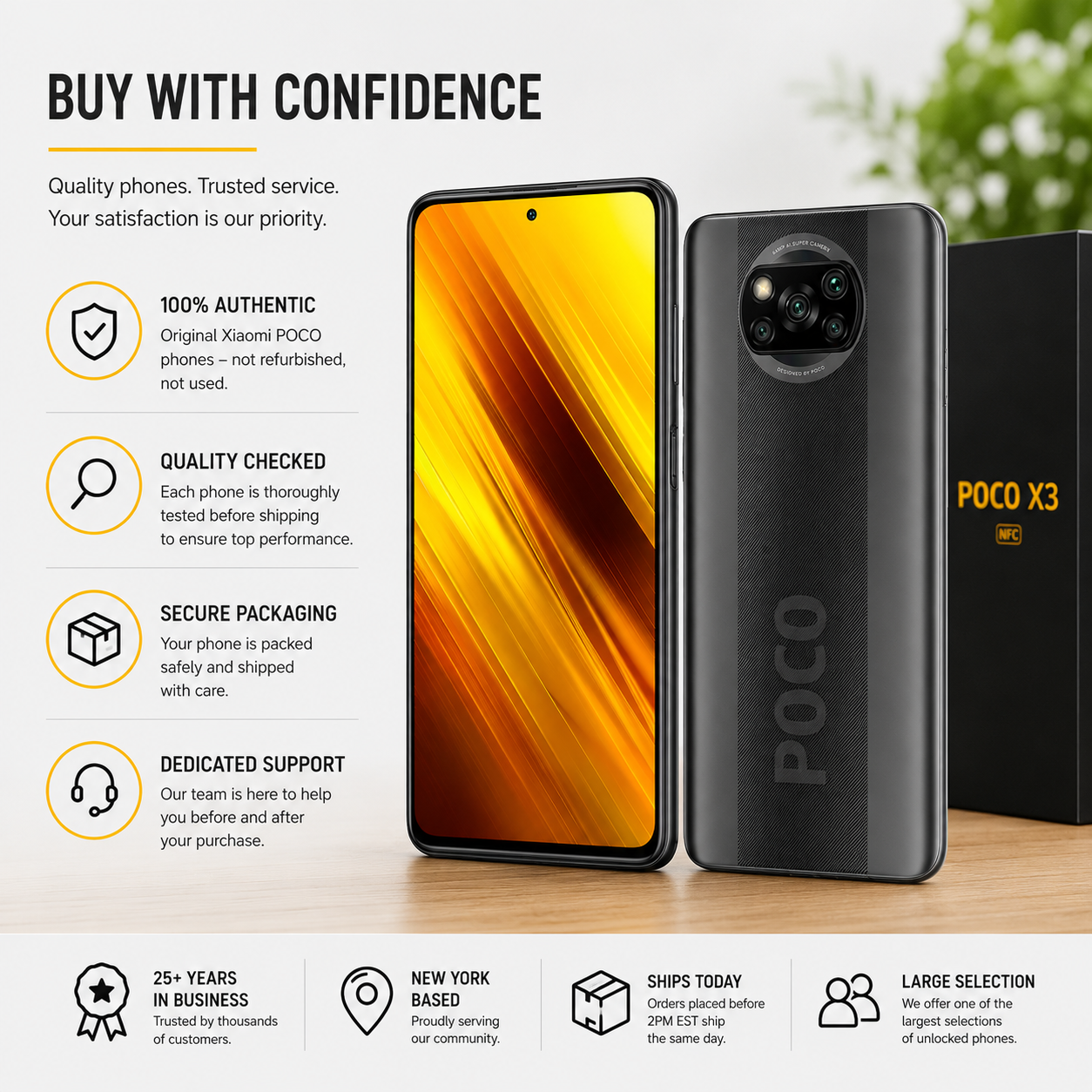 Shadow grey POCO X3 NFC phone showing front, back cameras, and side profile.