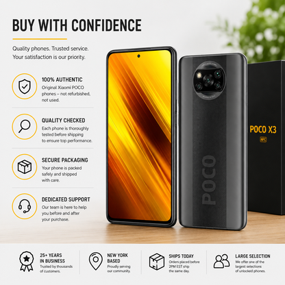 Shadow grey POCO X3 NFC phone showing front, back cameras, and side profile.