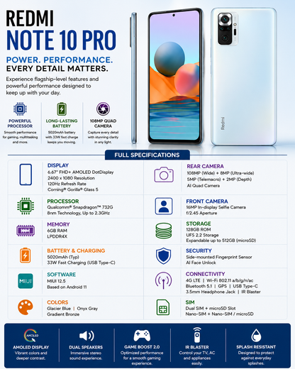 Xiaomi Redmi Note 10 Pro 128GB 6GB RAM GSM Unlocked - Glacier Blue