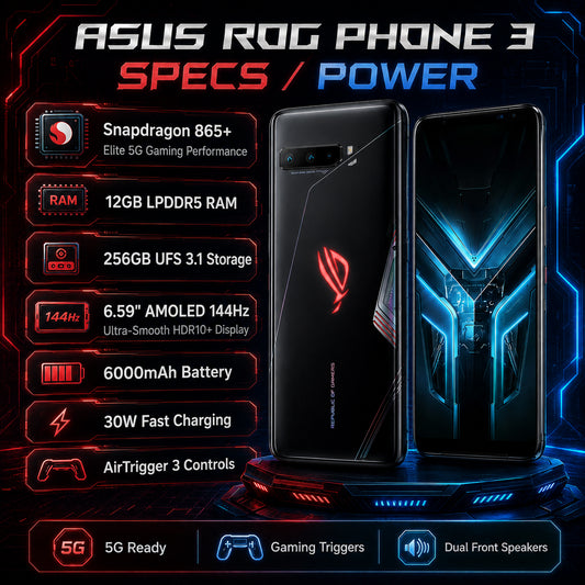 Black ASUS ROG Phone 3 smartphone with rear camera module and blue V-shaped front display
