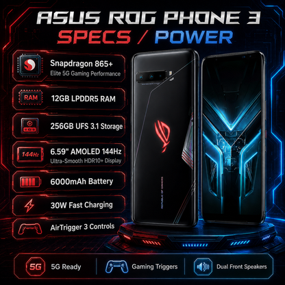 Black ASUS ROG Phone 3 smartphone with rear camera module and blue V-shaped front display