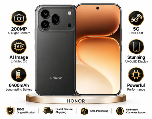Two HONOR 600 Pro 5G phones on stand: black back and orange front