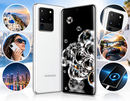 Samsung Galaxy S20 Ultra 5G smartphone with Cloud White back and black front, feature circles