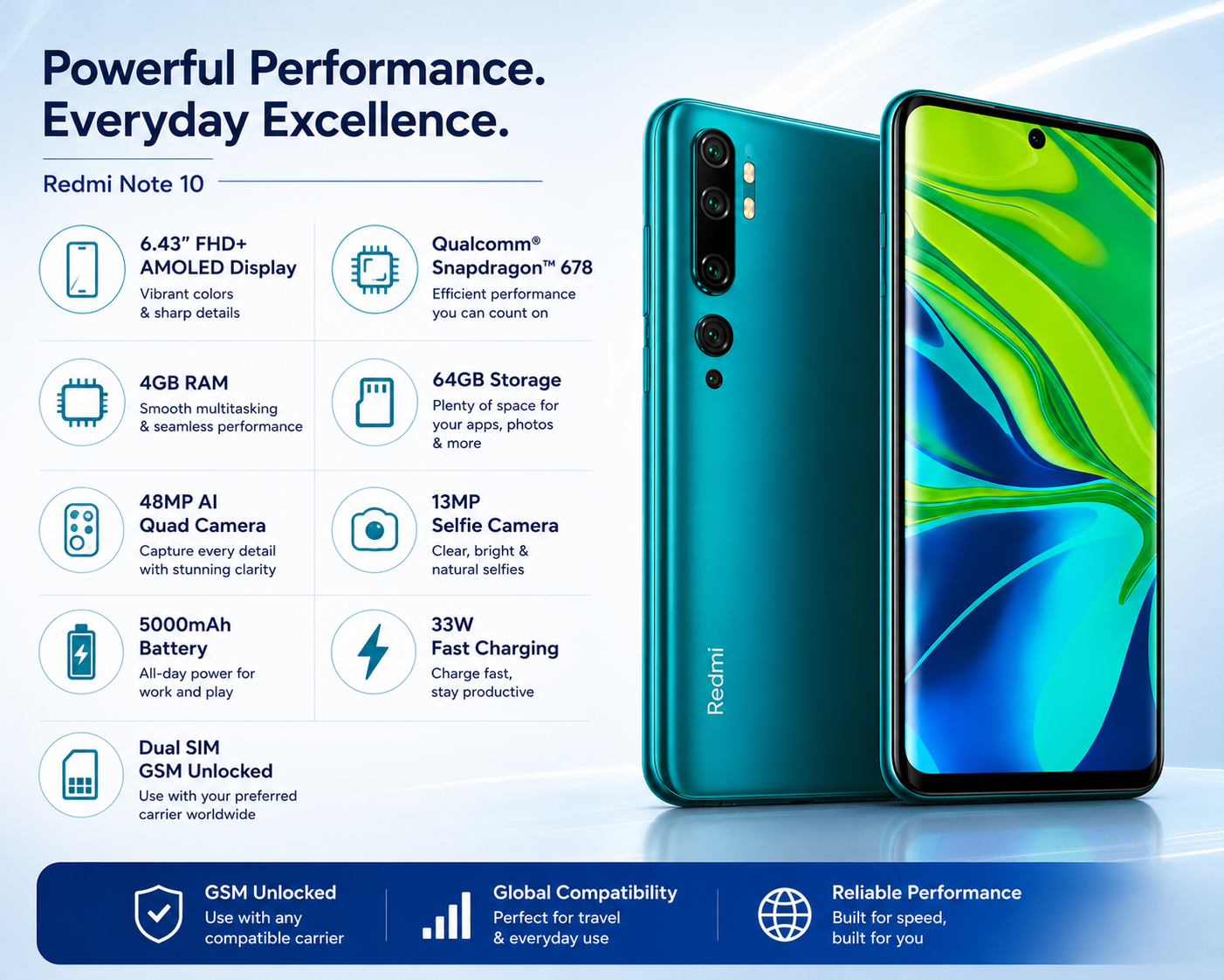 Xiaomi Redmi Note 10 Lake Green smartphone with triple-camera module and colorful abstract screen