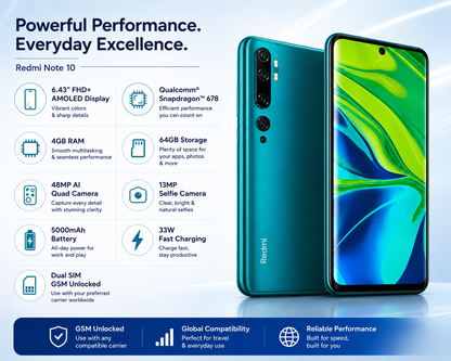 Xiaomi Redmi Note 10 Lake Green smartphone with triple-camera module and colorful abstract screen
