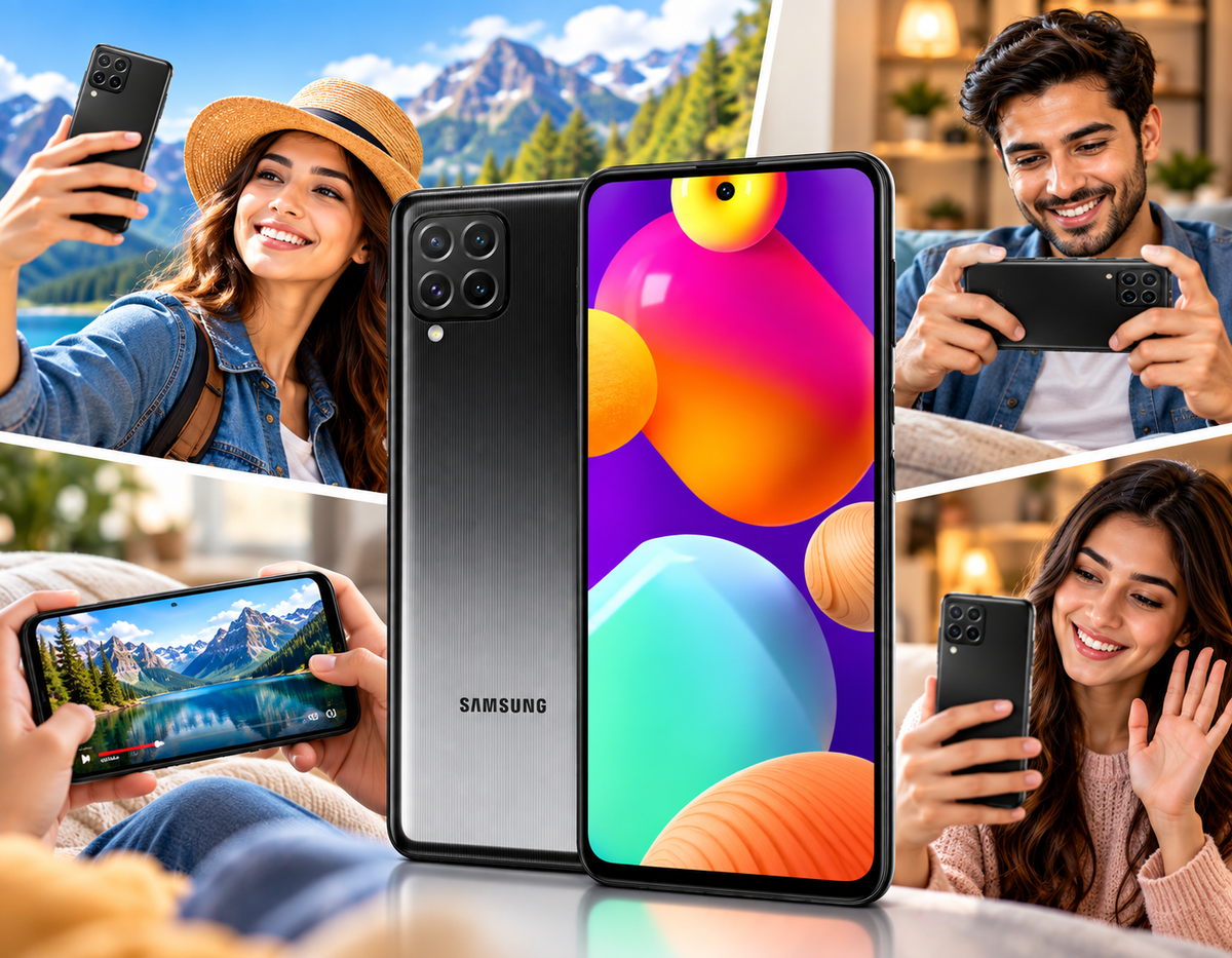 Black Samsung Galaxy M62 smartphone shown with people holding phones in everyday scenes