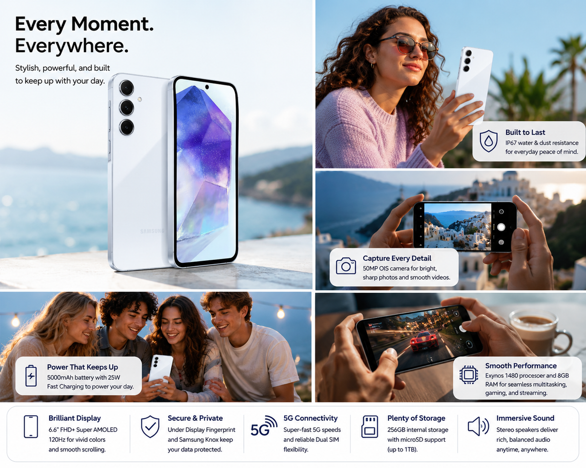 Ice blue Samsung Galaxy A55 5G smartphone shown in hand in an outdoor lifestyle scene.
