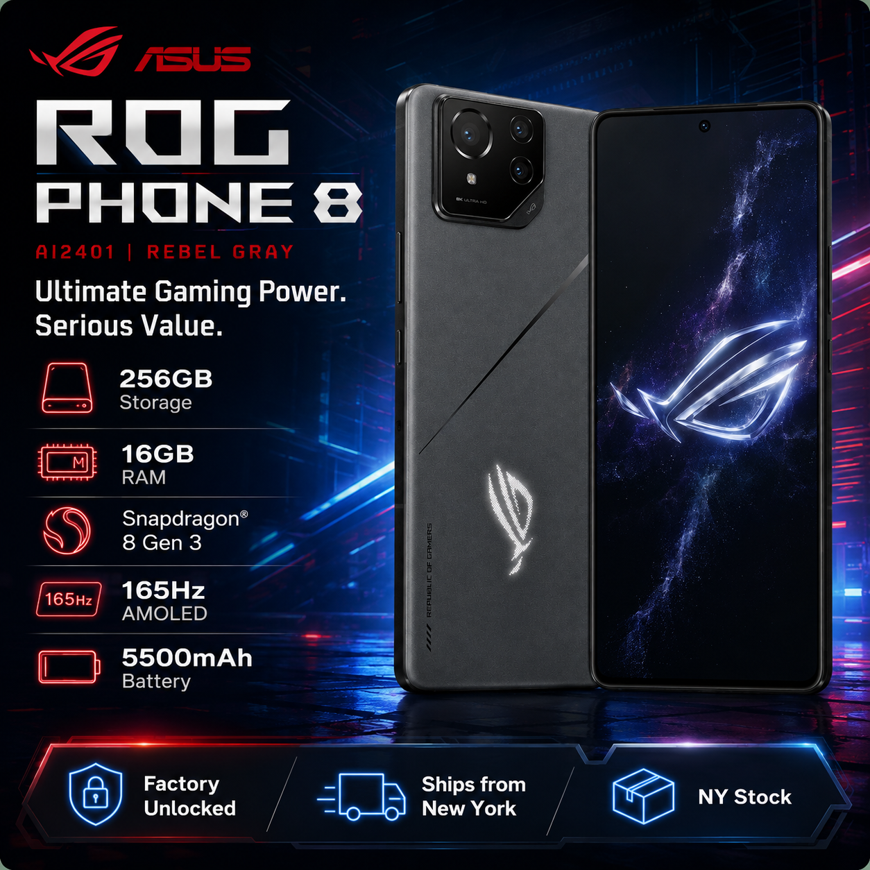ASUS ROG Phone 8 Rebel Gray gaming phone showing back with triple cameras and lit dark screen.