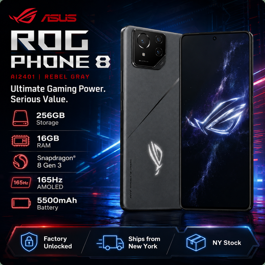 ASUS ROG Phone 8 Rebel Gray gaming phone showing back with triple cameras and lit dark screen.