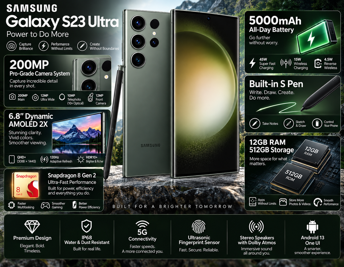 Green Samsung Galaxy S23 Ultra smartphone with S Pen and front AMOLED display