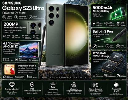 Green Samsung Galaxy S23 Ultra smartphone with S Pen and front AMOLED display